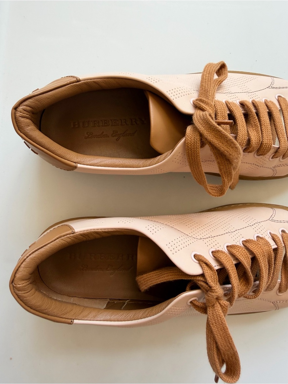 Burberry Leather Colorblock Pattern Sneakers Pink White Tan Brown 38 or 8 women - Picture 2 of 11